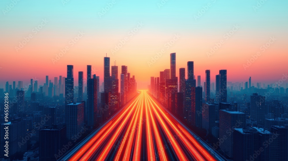 Illuminated Futuristic Cityscape at Dusk - High-Tech Urban Landscape with Automated Traffic Lights and Glowing Buildings in Illuminated Futuristic Cityscape at Dusk - High-Tech Urban Landscape with Automated Traffic Lights and Glowing Buildings in