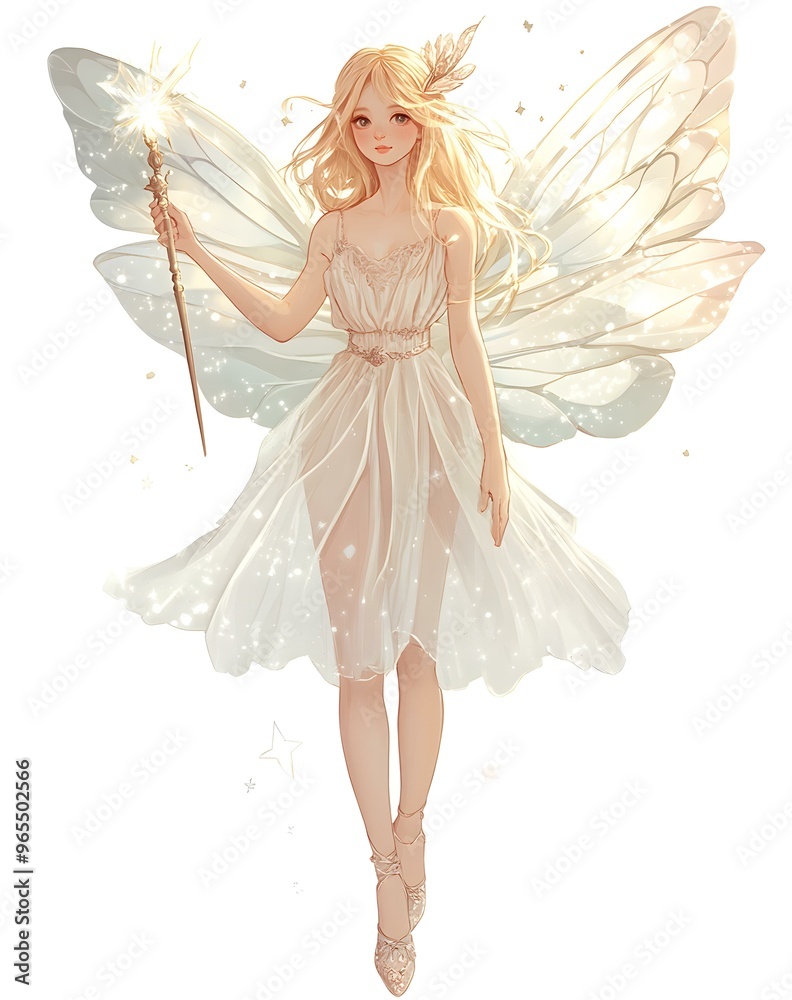 Charming fairy with delicate transparent wings, adorned in a shimmering gown, surrounded by a vibrant forest of blooming flowers. Charming fairy with delicate transparent wings, adorned in a shimmering gown, surrounded by a vibrant forest of blooming flowers.