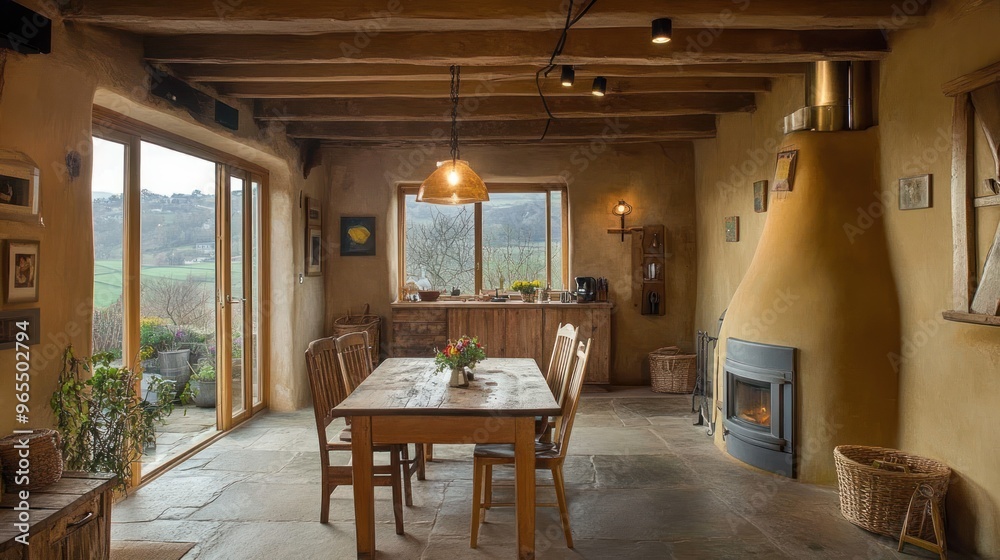 Fototapeta premium Rustic dining room with a wood burning stove and a view of rolling hills through a large window.