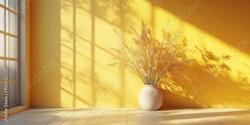 Dried Grass Bouquet in a Vase Against a Yellow Wall with Sunlight Streaming Through a Window photo