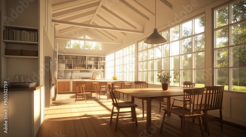 Modern kitchen with wooden cabinets and a large window overlooking a green garden.