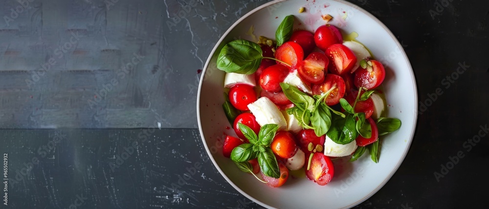A vibrant plate of cherry tomatoes, mozzarella, and basil arranged enticingly, showcasing a fresh and delicious Caprese salad. A vibrant plate of cherry tomatoes, mozzarella, and basil arranged enticingly, showcasing a fresh and delicious Caprese salad.