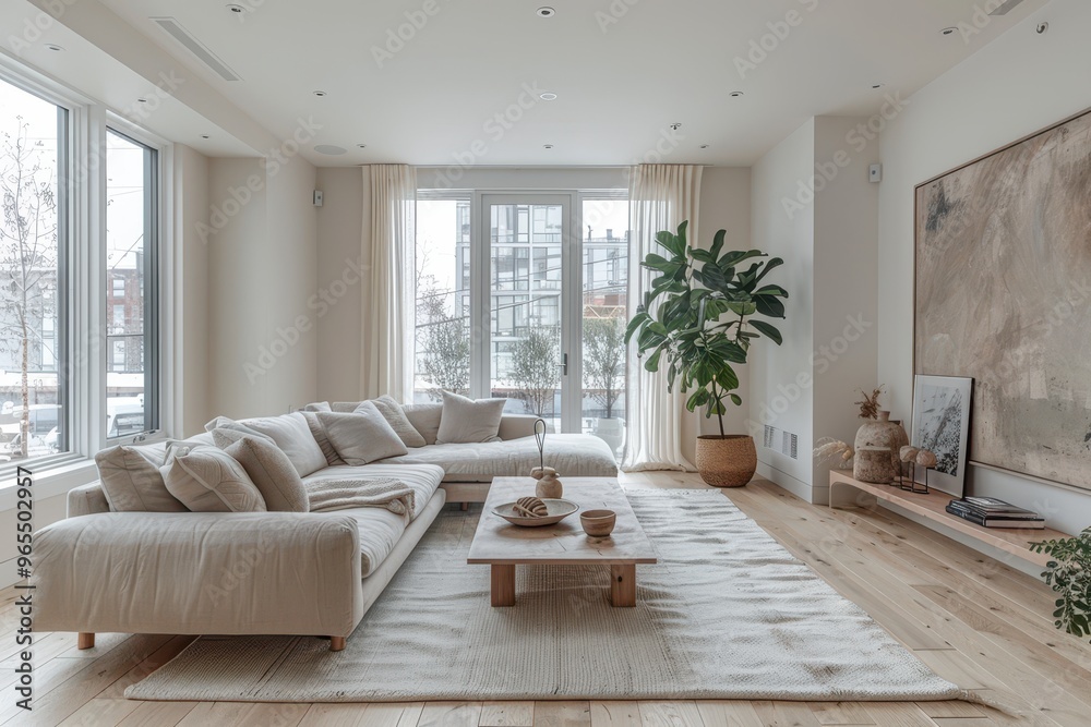 Scandinavian Living Room A bright, minimalist living room with white walls, light wood flooring, and a grey fabric sofa. Add a simple coffee table, a large green plant in the corner, and a white rug. Scandinavian Living Room A bright, minimalist living room with white walls, light wood flooring, and a grey fabric sofa. Add a simple coffee table, a large green plant in the corner, and a white rug.