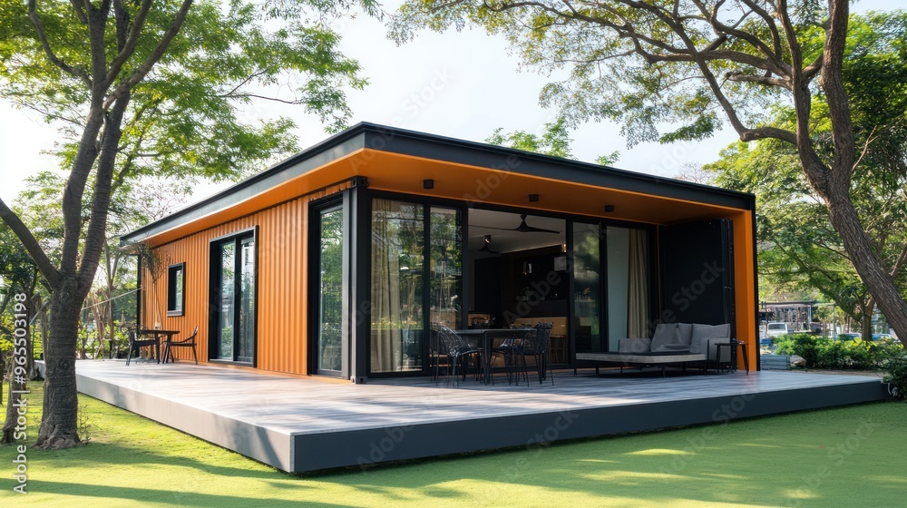 Modern house with orange facade and large windows, situated on a wooden terrace. Modern house with orange facade and large windows, situated on a wooden terrace.