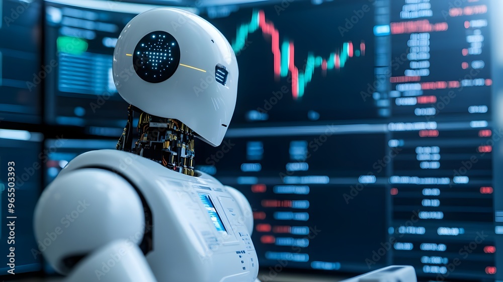 AI Robot Analyzing Stock Market Data on Monitors