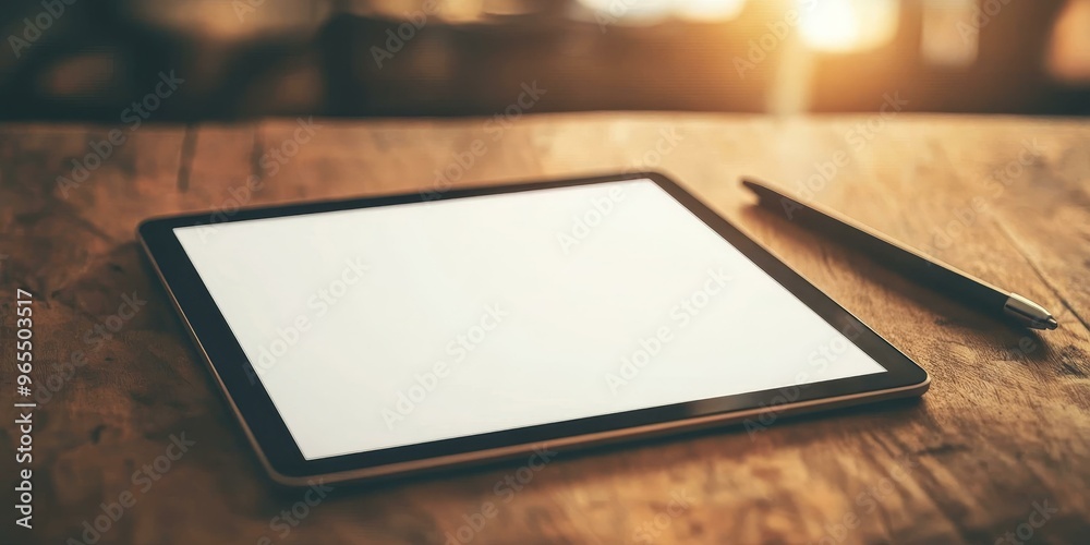 Tablet and stylus on wooden table. Tablet and stylus on wooden table.