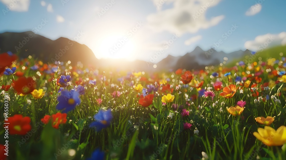 Obraz premium Vibrant Spring Meadow, a tranquil landscape adorned with a variety of colorful wildflowers under a clear blue sky, inviting peaceful reflection.