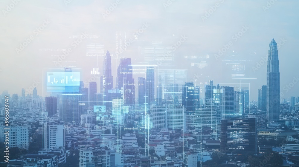 Obraz premium Futuristic Cityscape with Digital Overlay