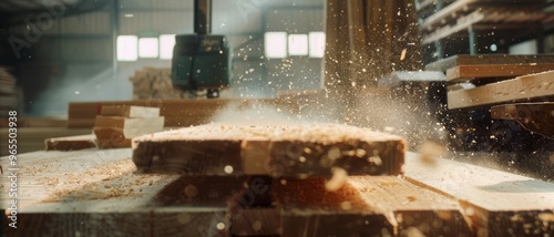 Sunlit woodshop filled with sawdust as wood is cut, capturing the essence of craftsmanship and the raw beauty of woodworking.