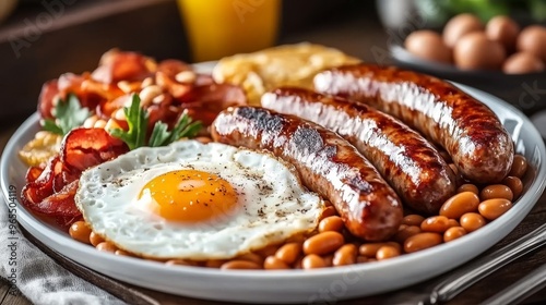 Served with a white plate and pot of tea, fried eggs, sausages, baked beans, and grilled tomatoes make up a classic English breakfast