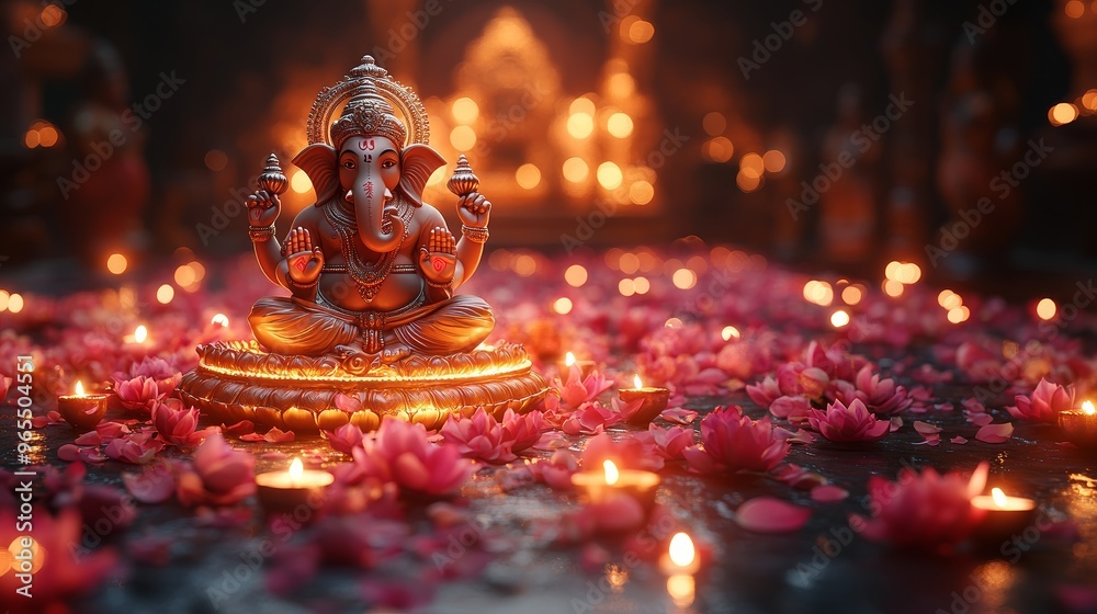 Ganesh Idol with Lotus Petals and Candles Diwali Festival Ganesh Idol with Lotus Petals and Candles Diwali Festival