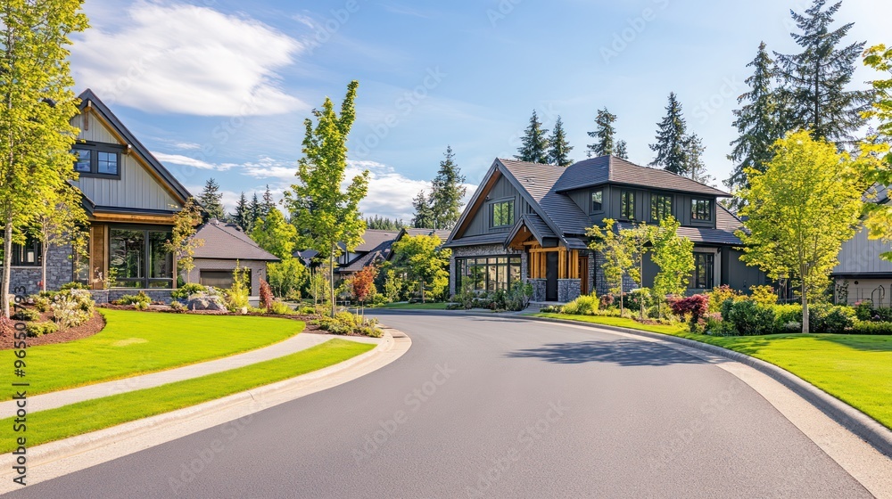 Naklejka premium A quiet cul-de-sac in a suburban neighborhood with well-kept lawns and modern homes on a sunny day.
