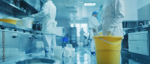 Staff members in white uniforms clean a sterile kitchen area, performing essential tasks in a modern industrial setting under bright lights.