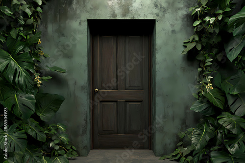 An inviting dark wooden door framed by lush greenery, creating a harmonious and inviting entrance that blends beautifully with nature's vibrant elements. photo