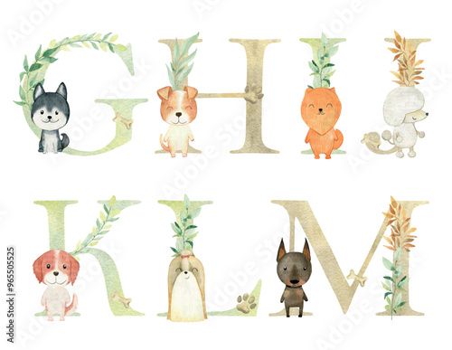 Canvas Print Vector watercolor dogs letters for invitation card, nursery poster and other