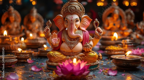 Ganesha Idol with Diyas and Lotus