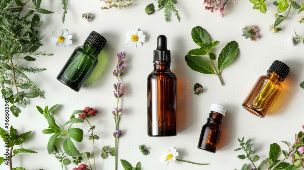 Bottles of essential oils and natural skincare products on a white background Bottles of essential oils and natural skincare products on a white background