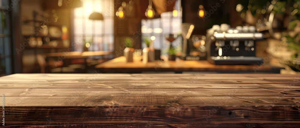 A warm and inviting coffee shop interior with natural light, showcasing a wooden table and a coffee machine in the background. A warm and inviting coffee shop interior with natural light, showcasing a wooden table and a coffee machine in the background.