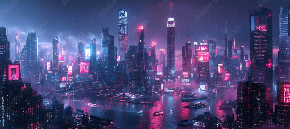 Futuristic city illuminated and reflected in water at night. River with boats floating on it. People's nightlife. Futuristic city illuminated and reflected in water at night. River with boats floating on it. People's nightlife.