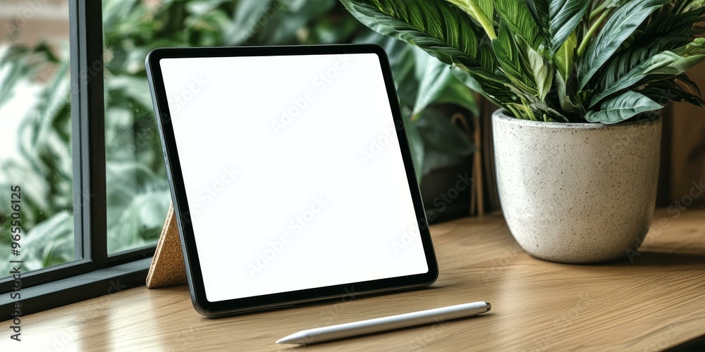 Tablet, pen, plant, window, wooden table. Tablet, pen, plant, window, wooden table.