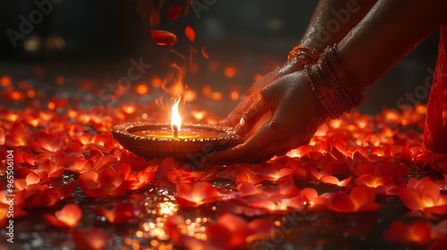 Woman s Hand Holding a Lit Diya Amidst Red Rose Petals photo