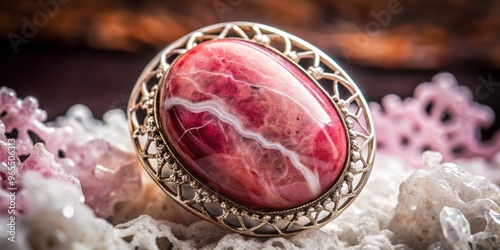 A striking pinkish-red rhodonite stone with swirling calcite veins glistens in soft morning light, surrounded by a delicate latticework of crystal formations. photo