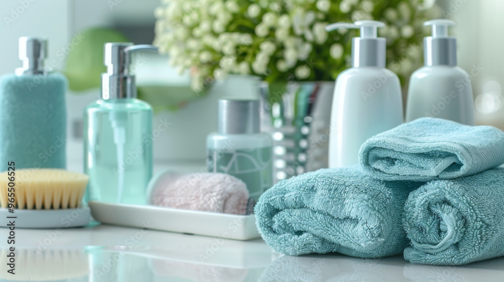 Collection of bathroom hygiene items on a white table Collection of bathroom hygiene items on a white table