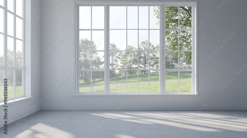 A white, empty room with a view of a summer landscape A white, empty room with a view of a summer landscape