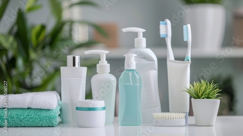 Collection of bathroom hygiene items on a white table