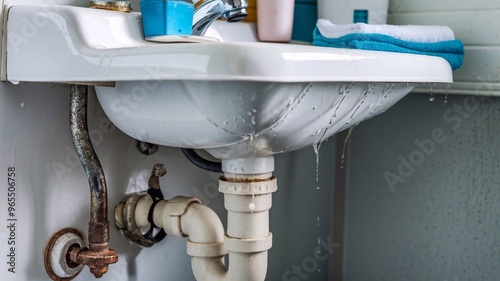 Close-up of a white plastic drain pipe beneath a bathroom sink. photo