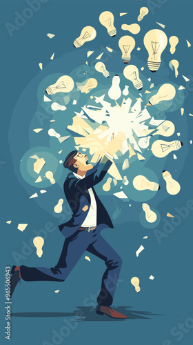 Ambitious Entrepreneur Throwing Broken Light Bulbs, Brainstorming Innovative Ideas