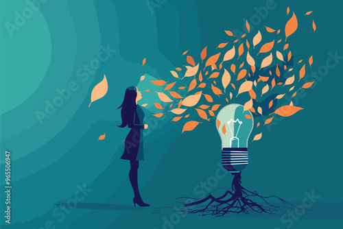 Aspiring Female Entrepreneur Nurturing Idea Tree Growing from Broken Light Bulb