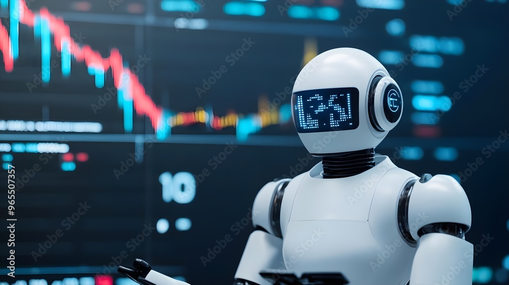 AI Robot Trading Stock Market with Blue Screen AI Robot Trading Stock Market with Blue Screen