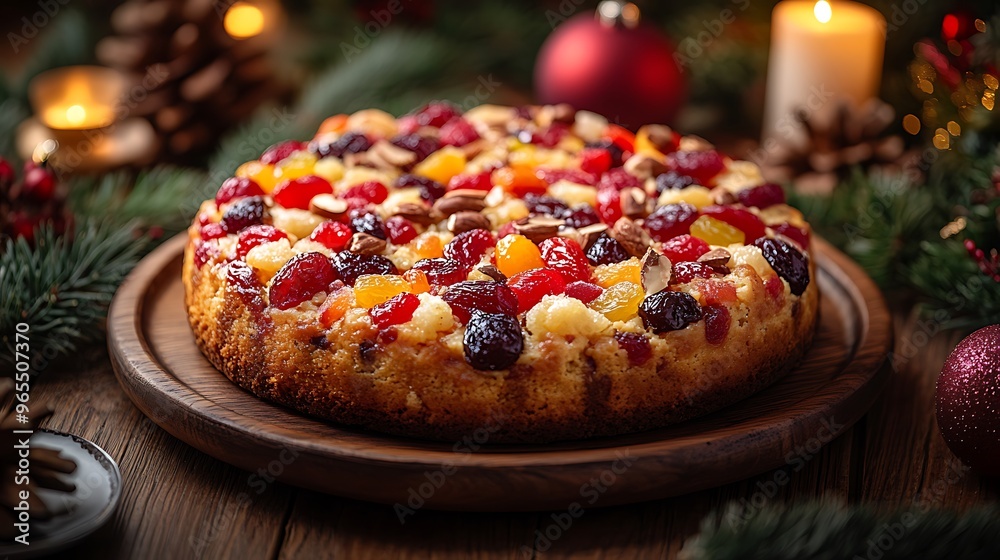 A beautifully plated Portuguese Bolo Rei (King Cake) with vibrant candied fruits and nuts, placed on a wooden holiday table surrounded by Christmas decorations, glowing candlelight,