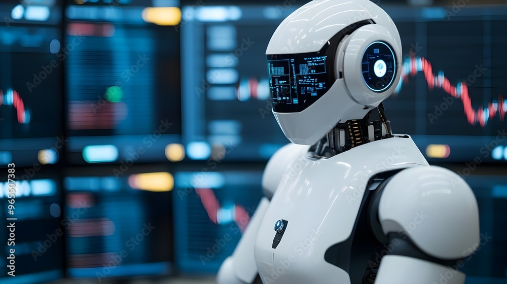 AI Robot Trading Stock Market, White Futuristic Cyborg AI Robot Trading Stock Market, White Futuristic Cyborg