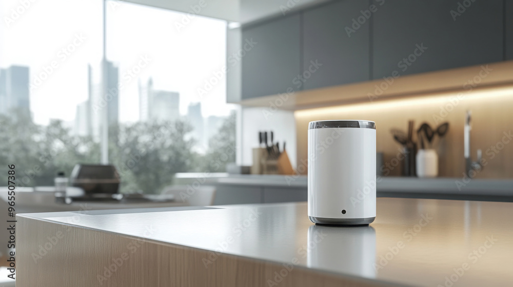 Smart home assistant device on modern kitchen countertop with sleek design, blending technology with contemporary home interior style Smart home assistant device on modern kitchen countertop with sleek design, blending technology with contemporary home interior style