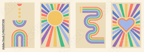 Zen arch poster set, retro style simple line arch and shapes. Geometric rainbow Japanese zen pattern, minimal elements. Boho style strips.