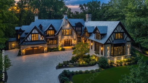 Stone exterior house with a large yard and a paved driveway.