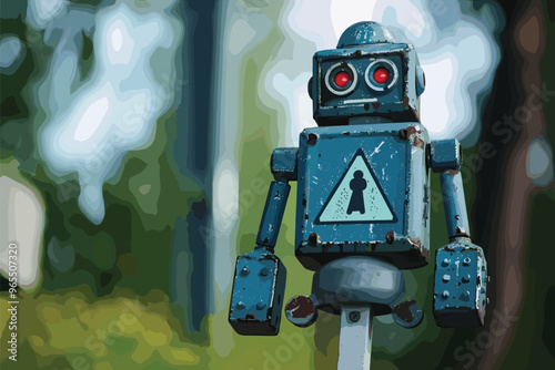 Blue Warning Sign Prohibiting Robots, Representing Fear of Rapid Technological Development