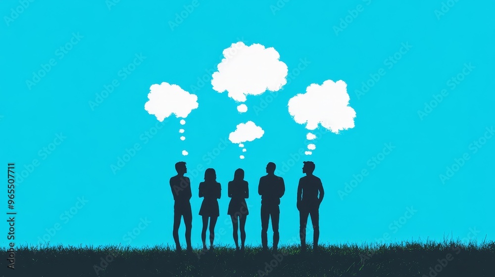 Silhouetted figures with thought bubbles against a blue background, symbolizing communication and shared ideas in a creative setting. Silhouetted figures with thought bubbles against a blue background, symbolizing communication and shared ideas in a creative setting.