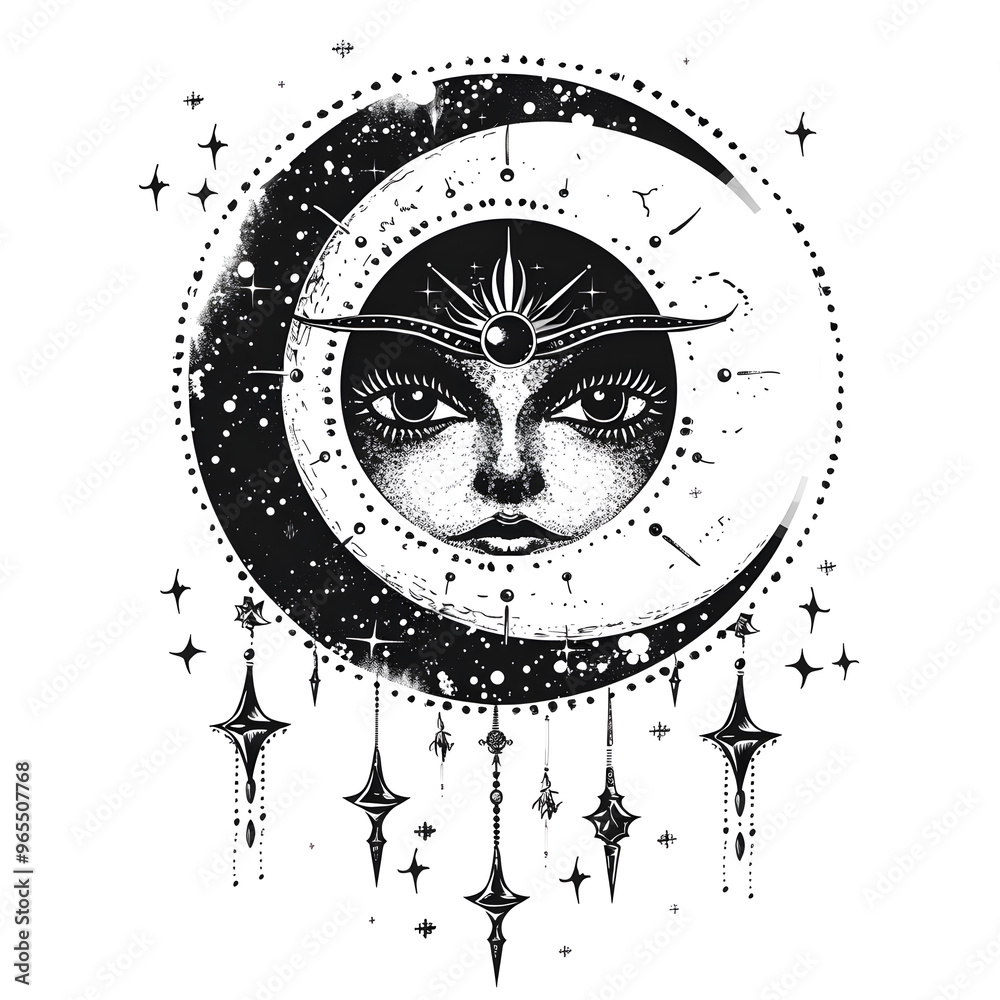 Mystical crescent moon with female face celestial illustration cosmic spirituality sacred geometry esoteric lunar symbol fantasy stars dreamlike magic artistic surreal celestial visionary art