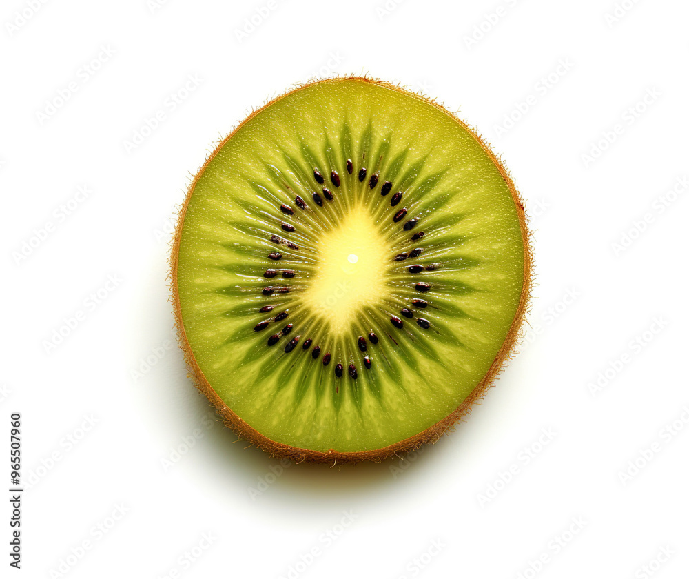 A close-up photo of a kiwi slice, isolated on a white background with no shadows, in a top view. A close-up photo of a kiwi slice, isolated on a white background with no shadows, in a top view.
