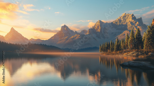 A breathtaking view of a mountain range at sunrise, with the sun casting warm golden light on the peaks. The foreground includes a calm lake reflecting the mountains and a few pine trees,