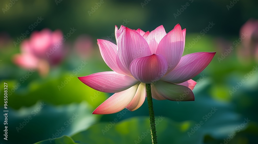 Fototapeta premium Pink Lotus Flower in Bloom with Green Background