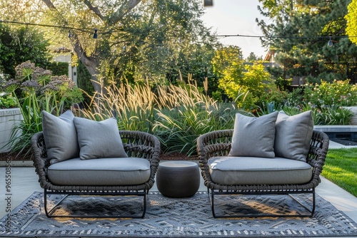 Elegant Outdoor Garden Setting with Grey Cushion Sofa and Armchair Set, Black Metal Frame, and Grey Rope Wicker Material in Contemporary Design