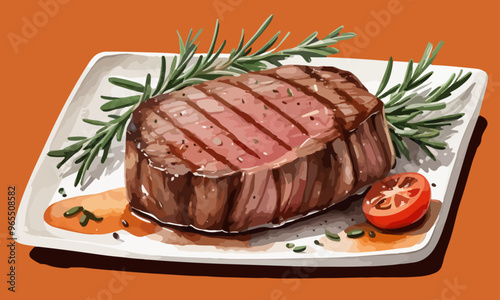 Watercolor of beef steak in plate, vector steak, clipart illustration