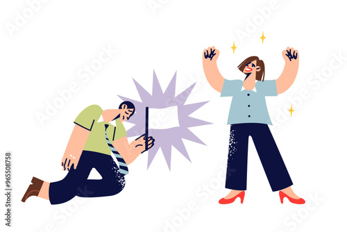 Woman triumph over losing business competitor who raises white flag, accepting defeat.
