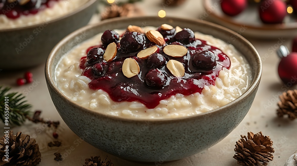 A classic bowl of Danish Risalamande, smooth and creamy with cherry sauce and almonds on top, set on a Christmas-themed table with festive decor and warm, natural light streaming in, A classic bowl of Danish Risalamande, smooth and creamy with cherry sauce and almonds on top, set on a Christmas-themed table with festive decor and warm, natural light streaming in,
