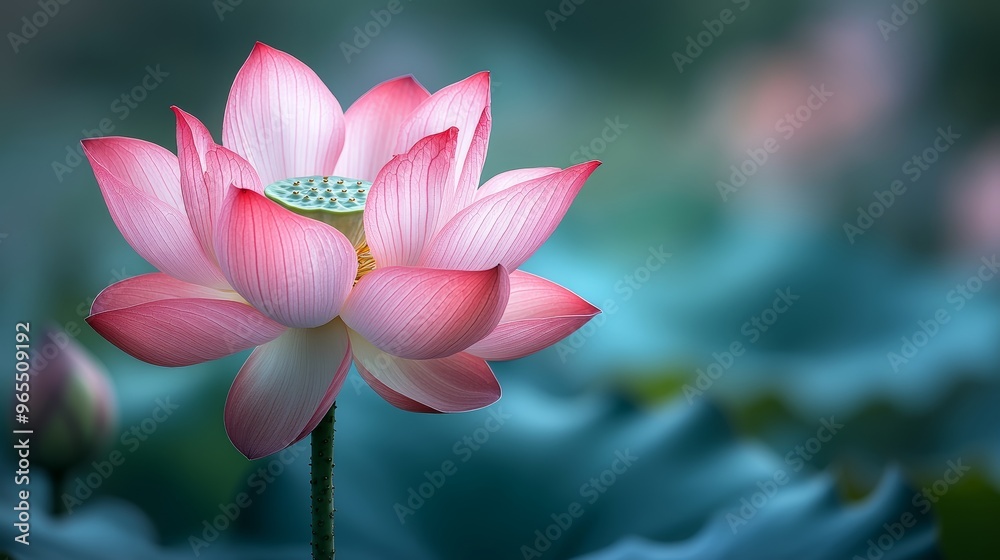 Pink Lotus Flower Blooming in Water with Soft Teal Background Pink Lotus Flower Blooming in Water with Soft Teal Background