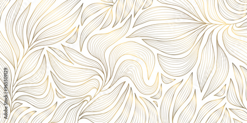 Vector line art deco gold leaves, flowers background. Vintage floral plant pattern, elegant japanese ornament, fancy royal poster